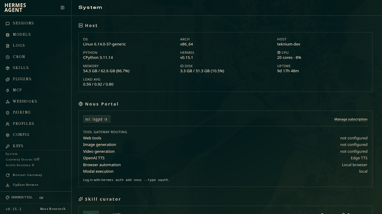 System admin page — host stats and Noora Portal status