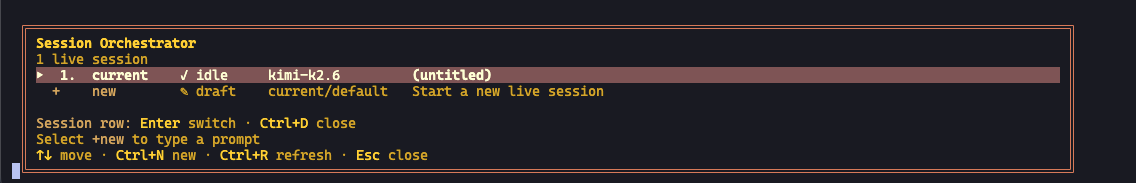 Noora TUI Session Orchestrator with one live session and a +new row